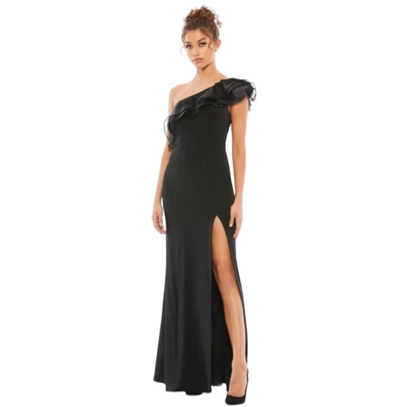 Ieena For Mac Duggal Womens Gown Dress Black Slit Maxi One Shoulder Ruffle 6 - Picture 1 of 13